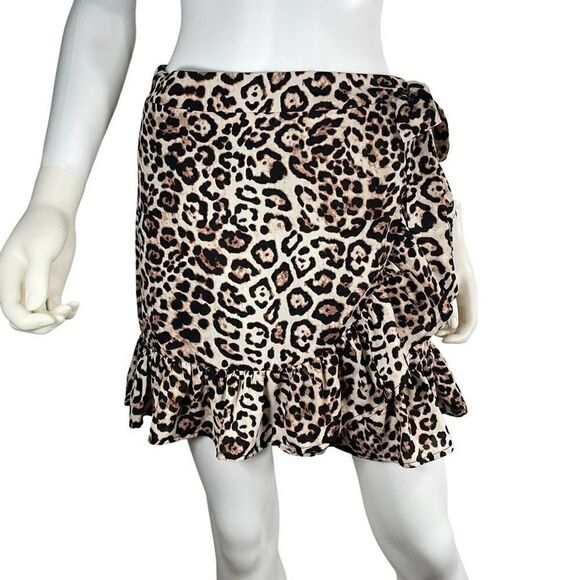 Forever 21 Women’s Medium Cheetah Print Wrap Mini Skirt Ruffled Hem Yellow - Picture 1 of 7
